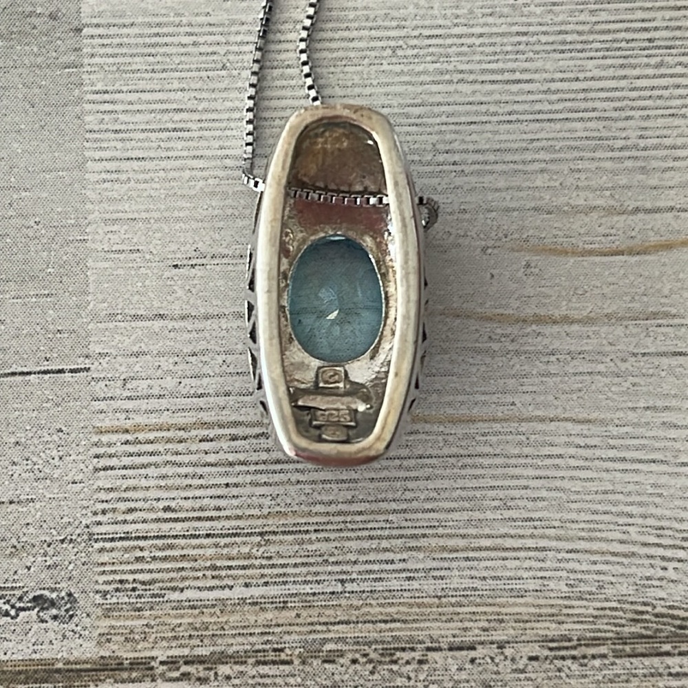 Sterling Silver Marcasite Blue Topaz Pendant Necklace - Picture 8 of 9